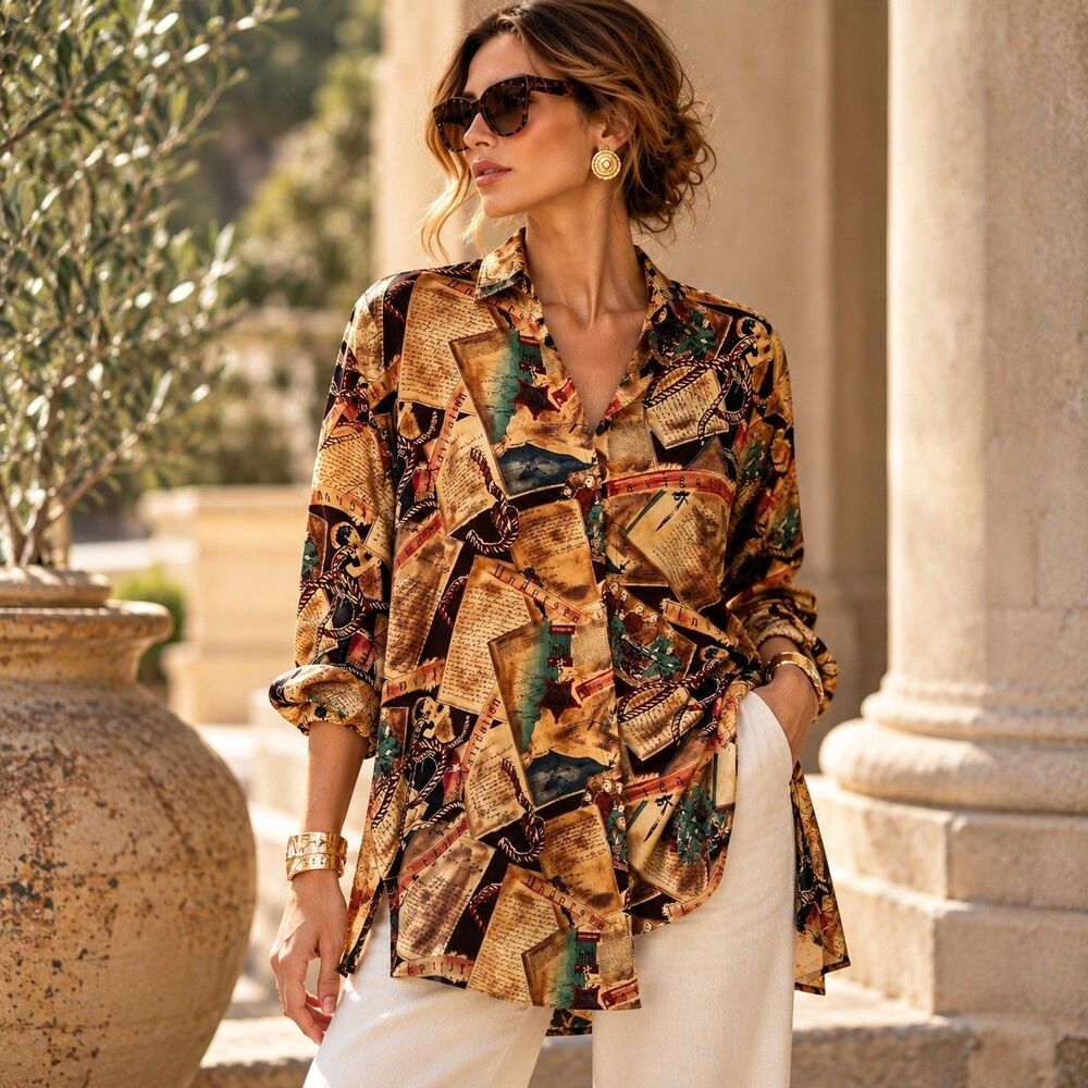 Vintage August Silk Women’s L 100% Silk History Navigation Print Tunic Blouse